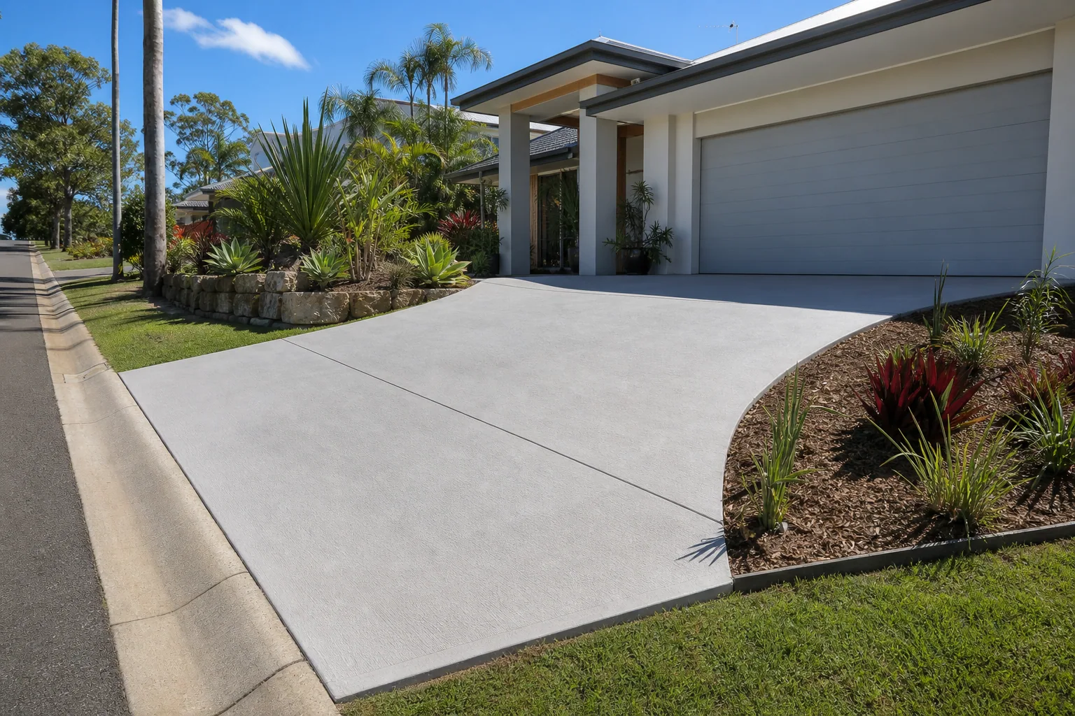 New light-grey concrete driveway at a landscaped Gold Coast home
